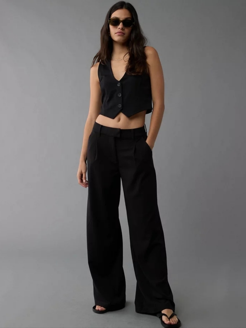 American Eagle Wide Leg Trousers Black Size 2 Long High Rise